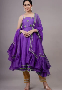 Embroidered Chanderi Silk Aline Suit in Purple