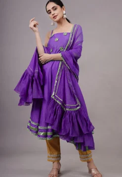 Embroidered Chanderi Silk Aline Suit in Purple