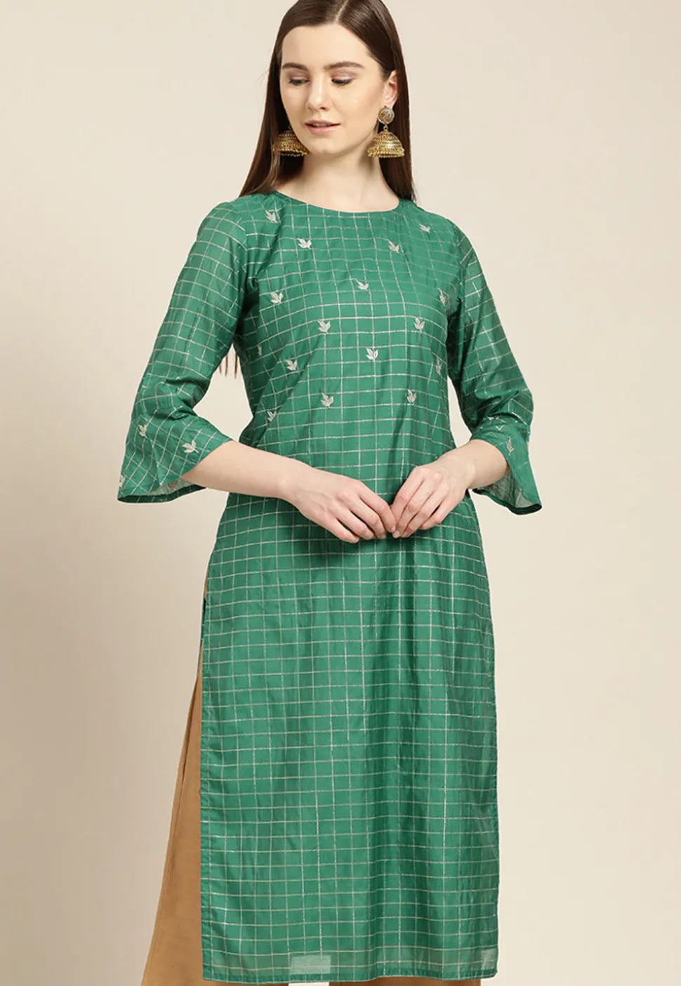 Embroidered Chanderi Silk Jacquard Straight Kurta in Teal Green