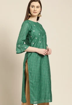 Embroidered Chanderi Silk Jacquard Straight Kurta in Teal Green