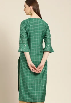 Embroidered Chanderi Silk Jacquard Straight Kurta in Teal Green