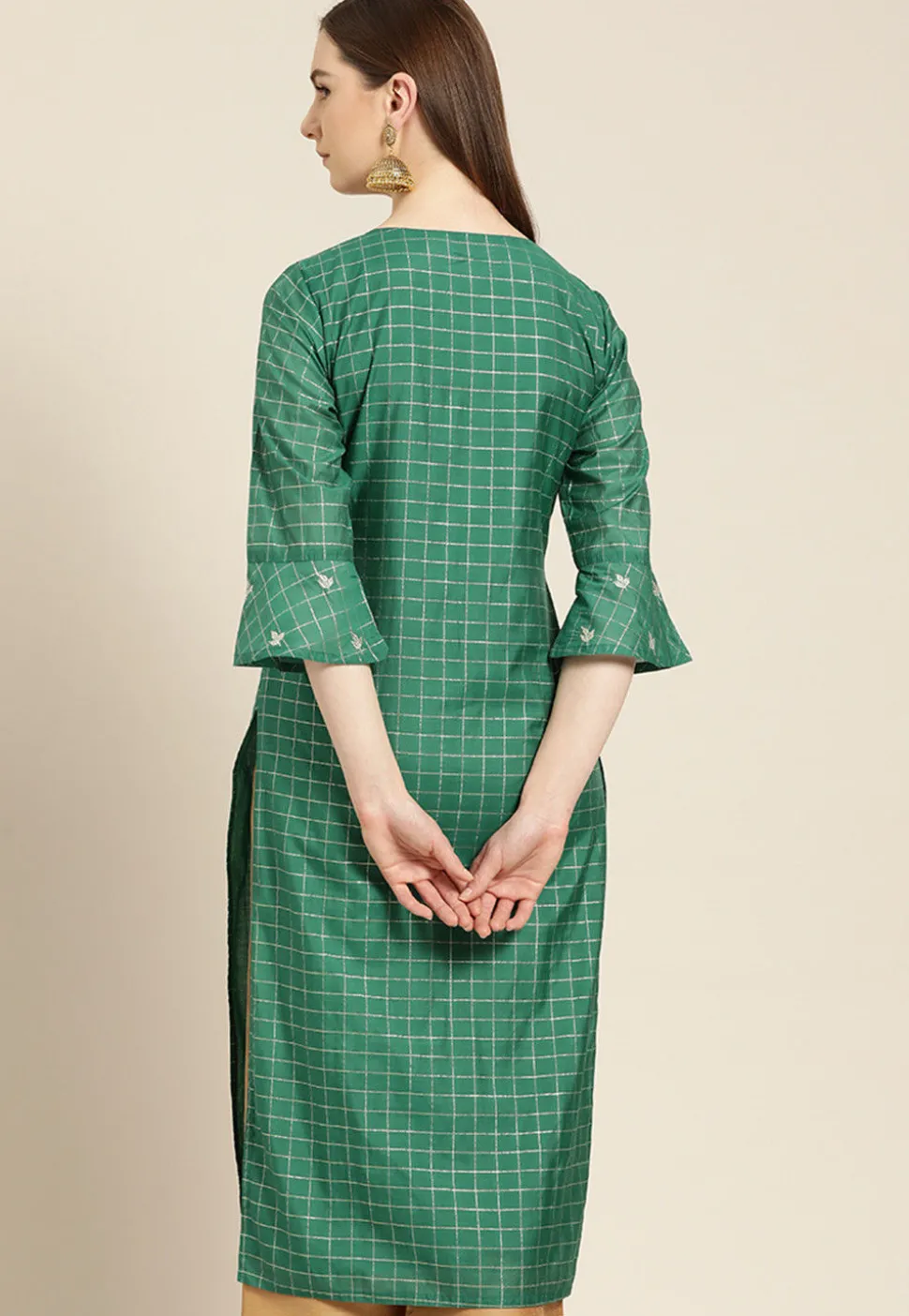 Embroidered Chanderi Silk Jacquard Straight Kurta in Teal Green
