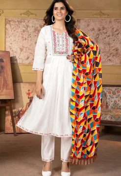 Embroidered Chanderi Silk Pakistani Suit in Off White