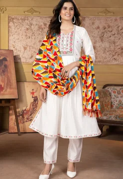 Embroidered Chanderi Silk Pakistani Suit in Off White