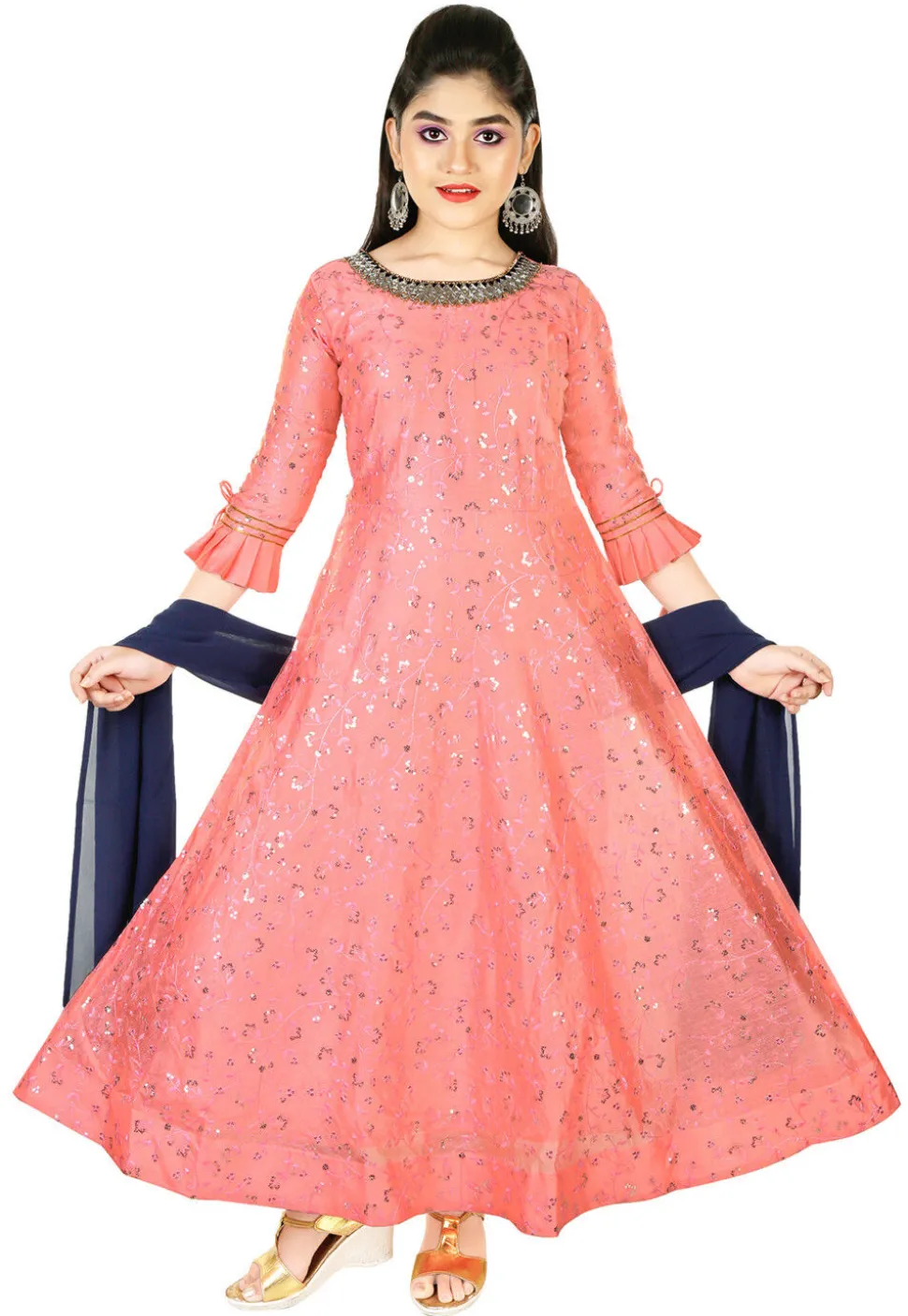 Embroidered Chanderi Silk Gown in Peach