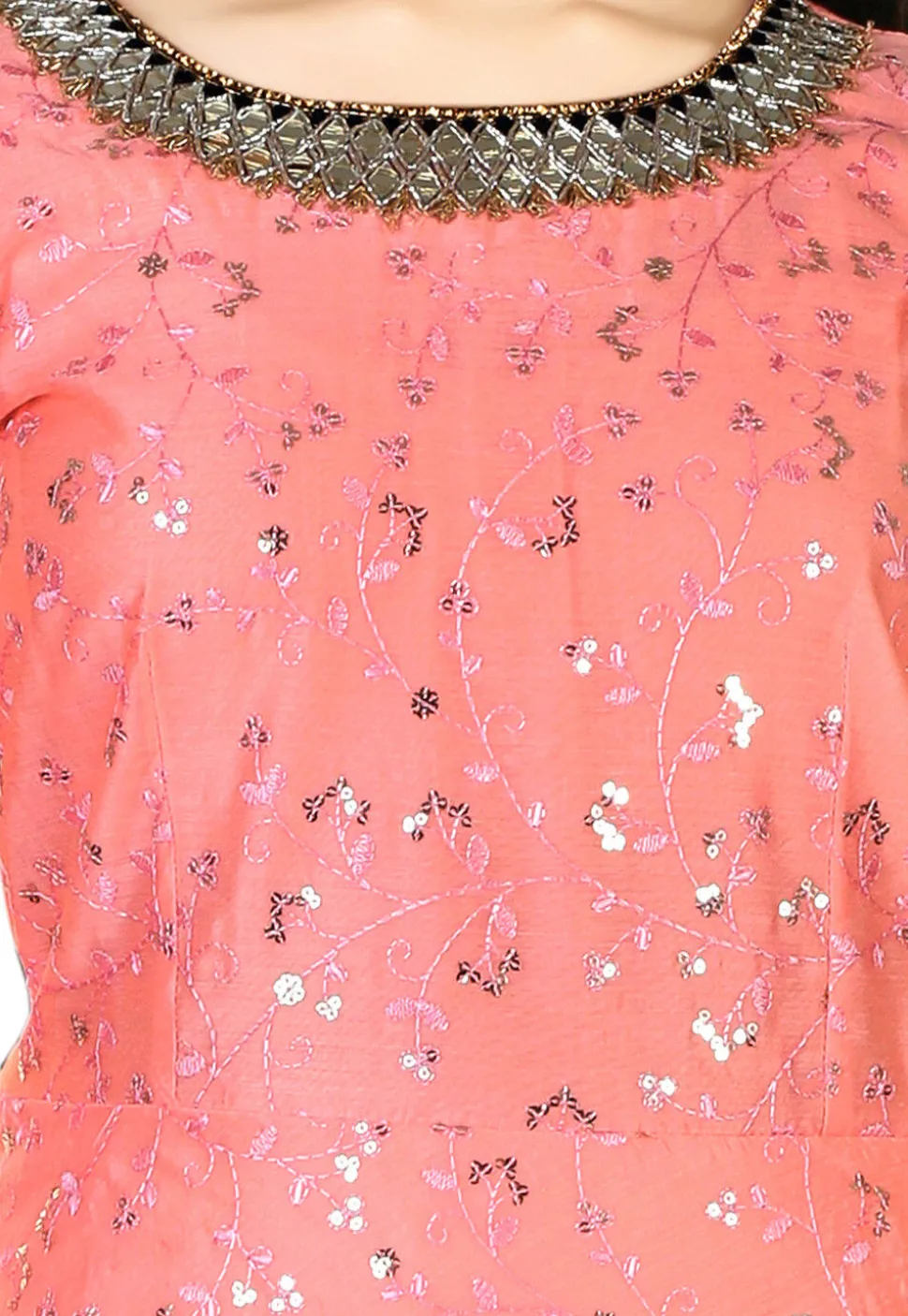 Embroidered Chanderi Silk Gown in Peach