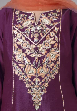 Embroidered Chanderi Silk Punjabi Suit in Wine