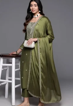 Embroidered Chanderi Silk Pakistani Suit in Olive Green