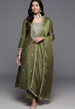 Embroidered Chanderi Silk Pakistani Suit in Olive Green