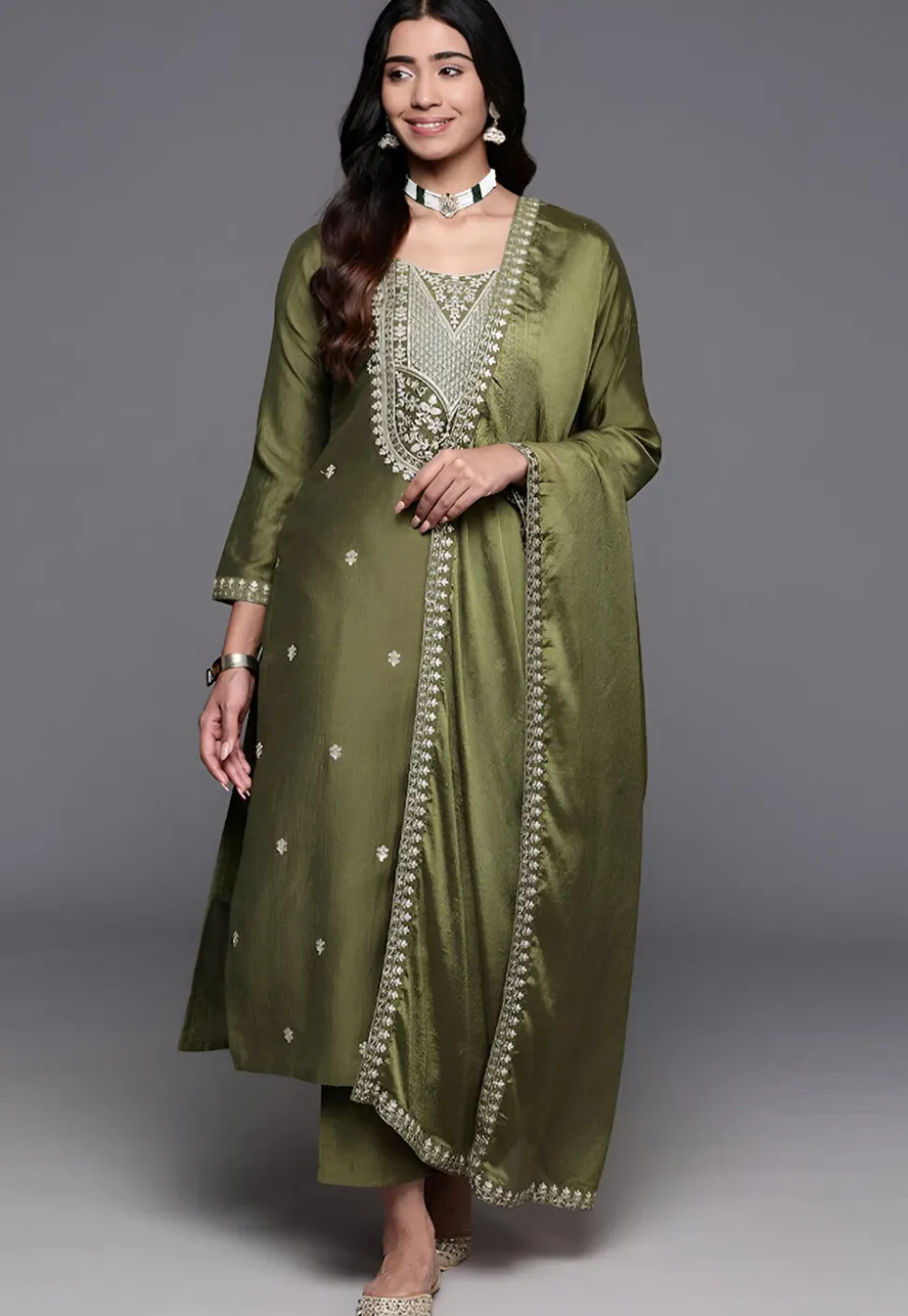 Embroidered Chanderi Silk Pakistani Suit in Olive Green