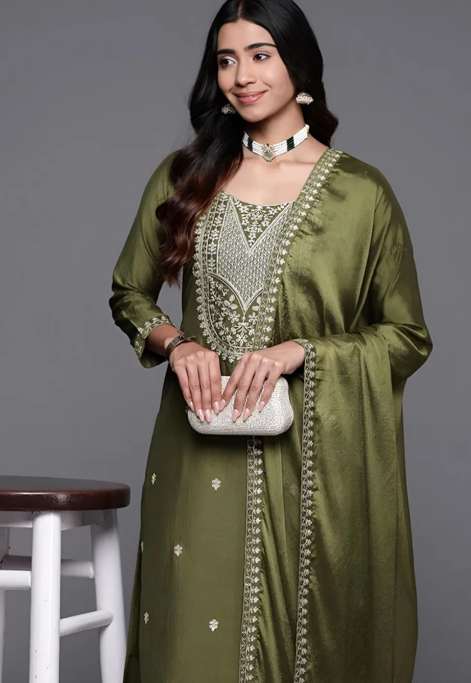Embroidered Chanderi Silk Pakistani Suit in Olive Green