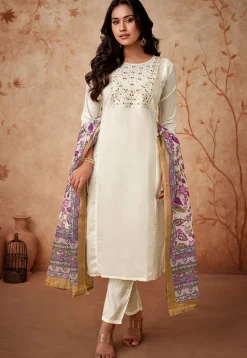 Embroidered Chanderi Silk Pakistani Suit in Off White