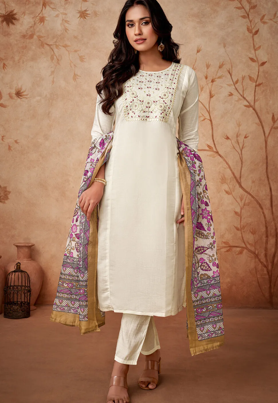 Embroidered Chanderi Silk Pakistani Suit in Off White