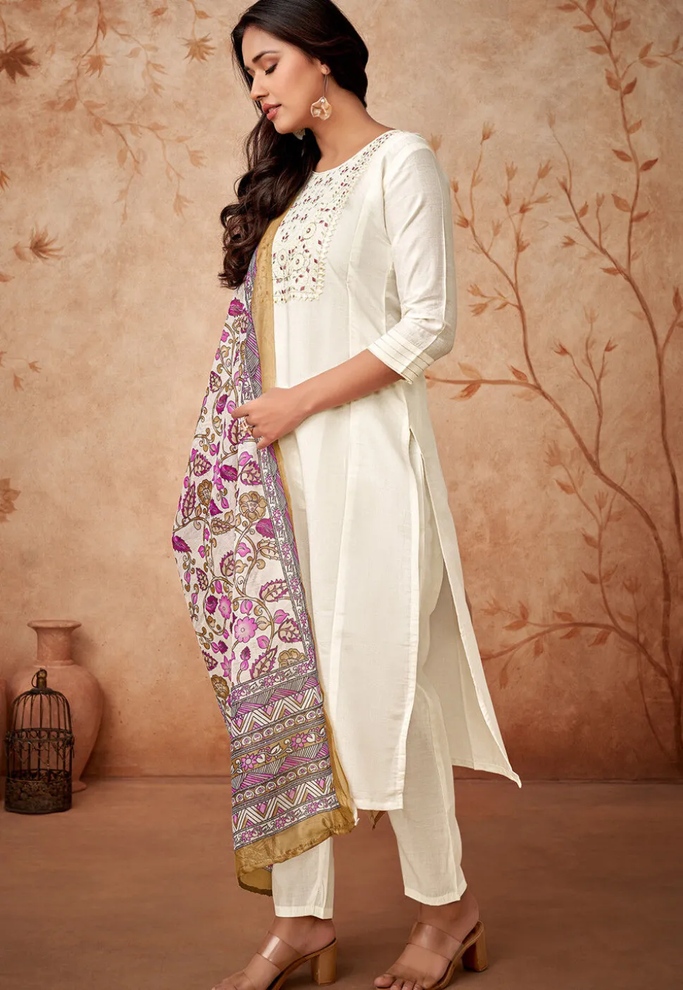 Embroidered Chanderi Silk Pakistani Suit in Off White