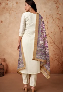 Embroidered Chanderi Silk Pakistani Suit in Off White