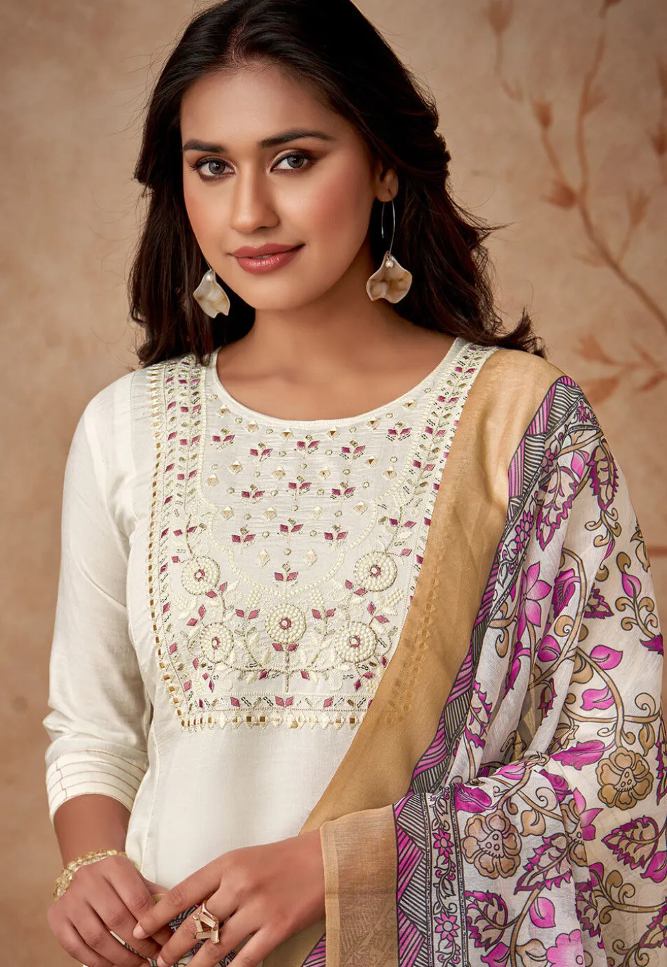 Embroidered Chanderi Silk Pakistani Suit in Off White