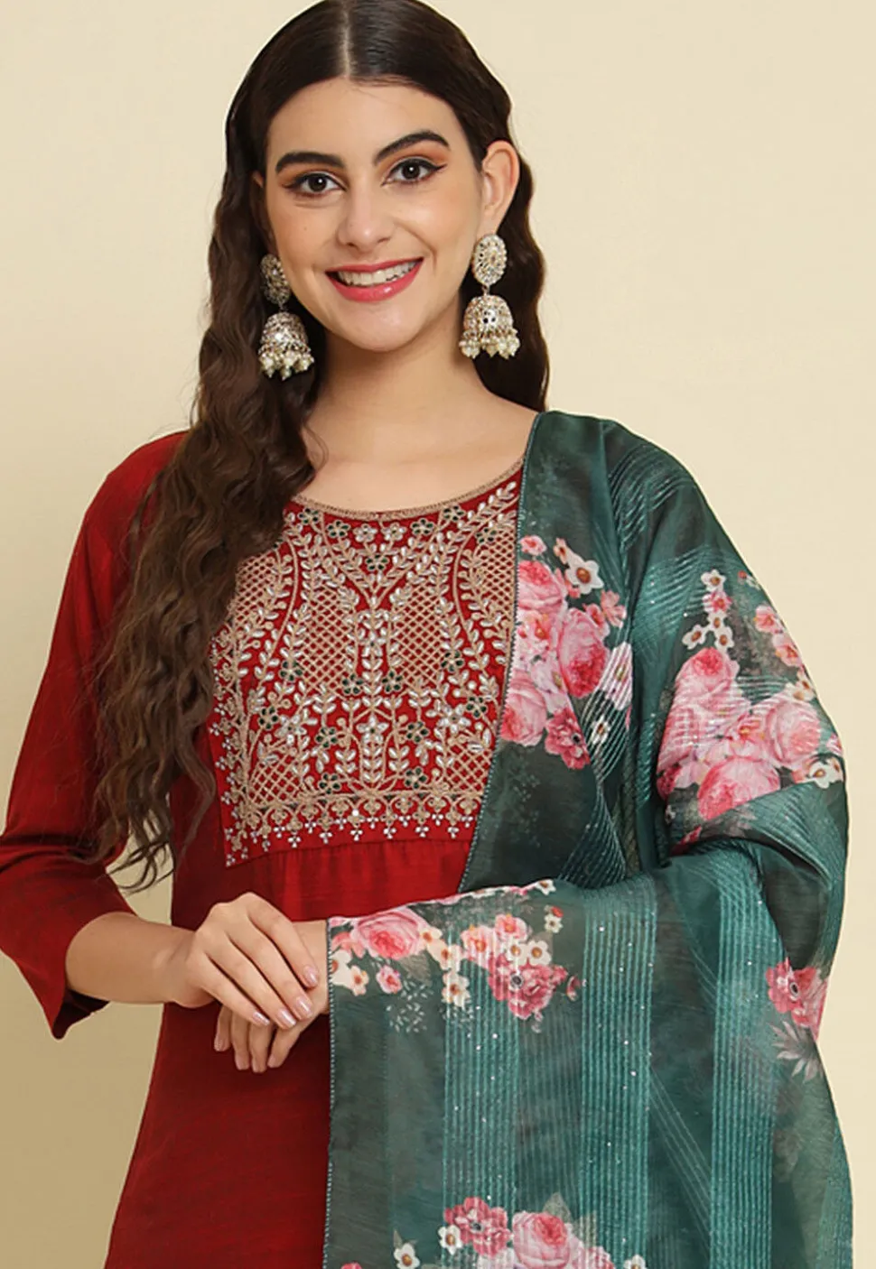 Embroidered Chanderi Silk Pakistani Suit in Maroon