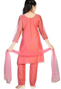 Embroidered Chanderi Silk Pakistani Suit in Coral Pink