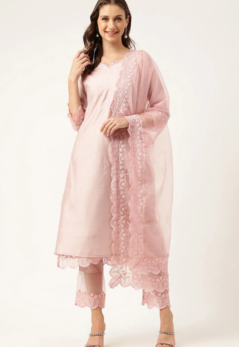 Embroidered Chanderi Silk Layered Pakistani Suit in Baby Pink