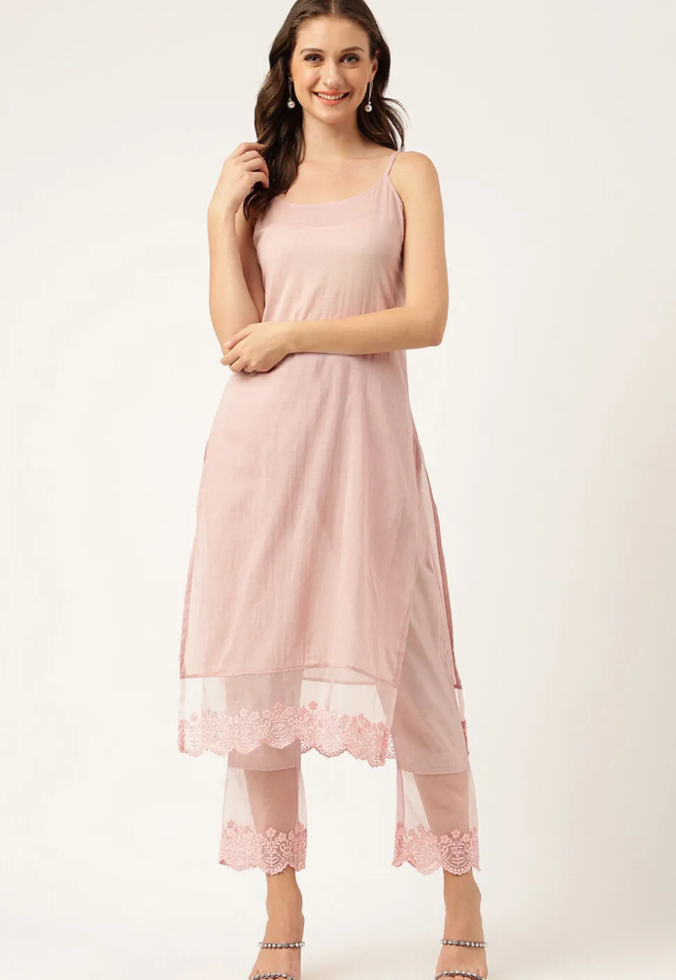 Embroidered Chanderi Silk Layered Pakistani Suit in Baby Pink