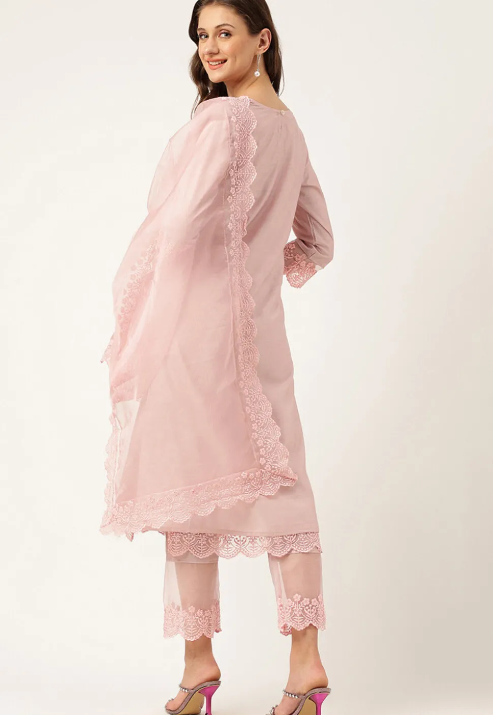 Embroidered Chanderi Silk Layered Pakistani Suit in Baby Pink