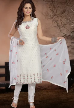 Embroidered Chanderi Silk Jacquard Pakistani Suit in Off White