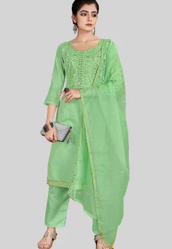 Embroidered Chanderi Silk Pakistani Suit in Light Green