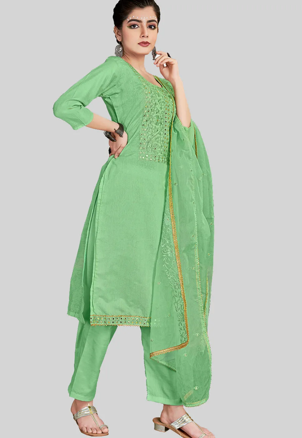 Embroidered Chanderi Silk Pakistani Suit in Light Green