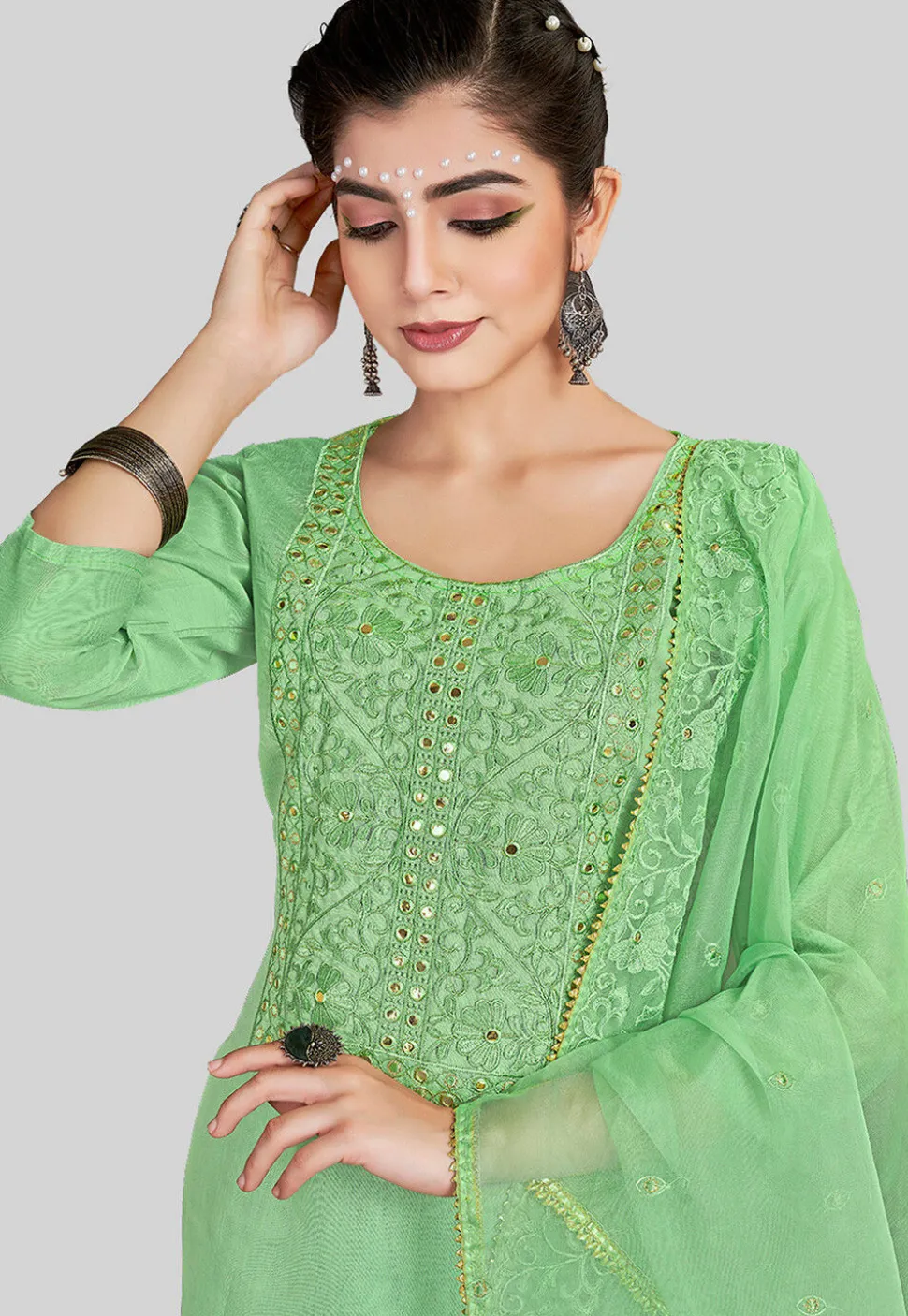 Embroidered Chanderi Silk Pakistani Suit in Light Green