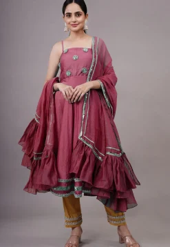 Embroidered Chanderi Silk Aline Suit in Wine