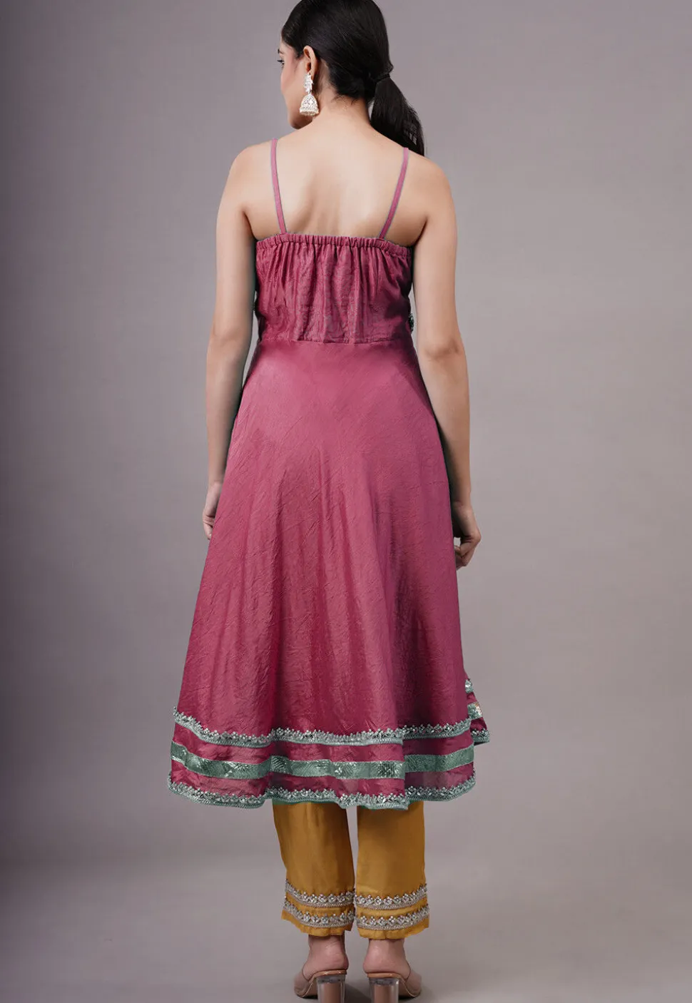 Embroidered Chanderi Silk Aline Suit in Wine