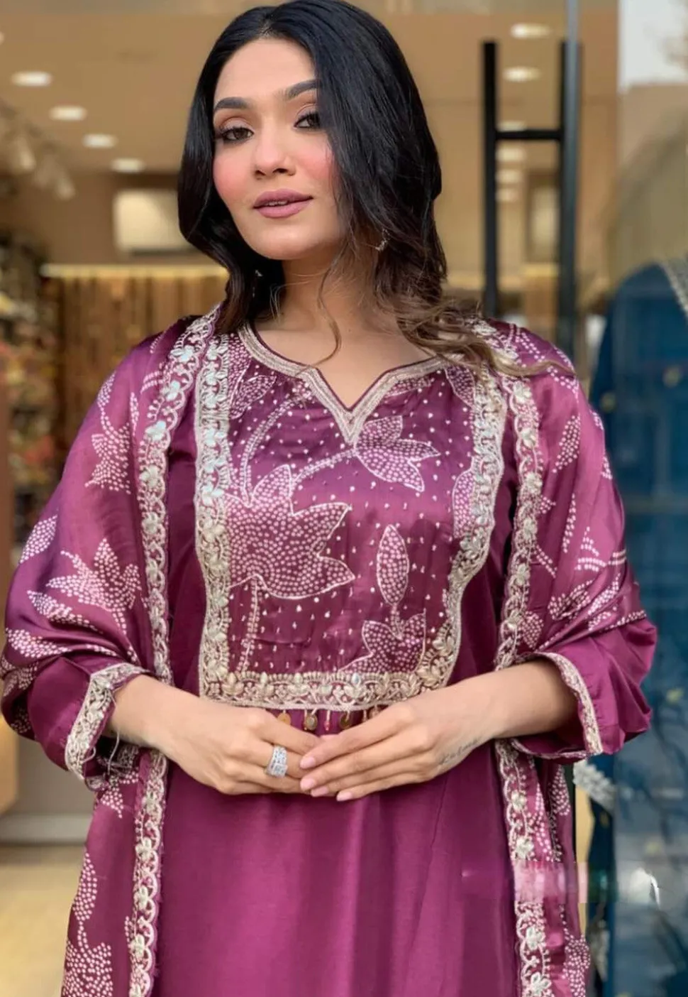 Embroidered Chanderi Silk Pakistani Suit in Wine