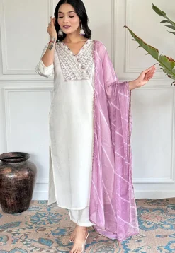 Embroidered Chanderi Silk Pakistani Suit in Off White