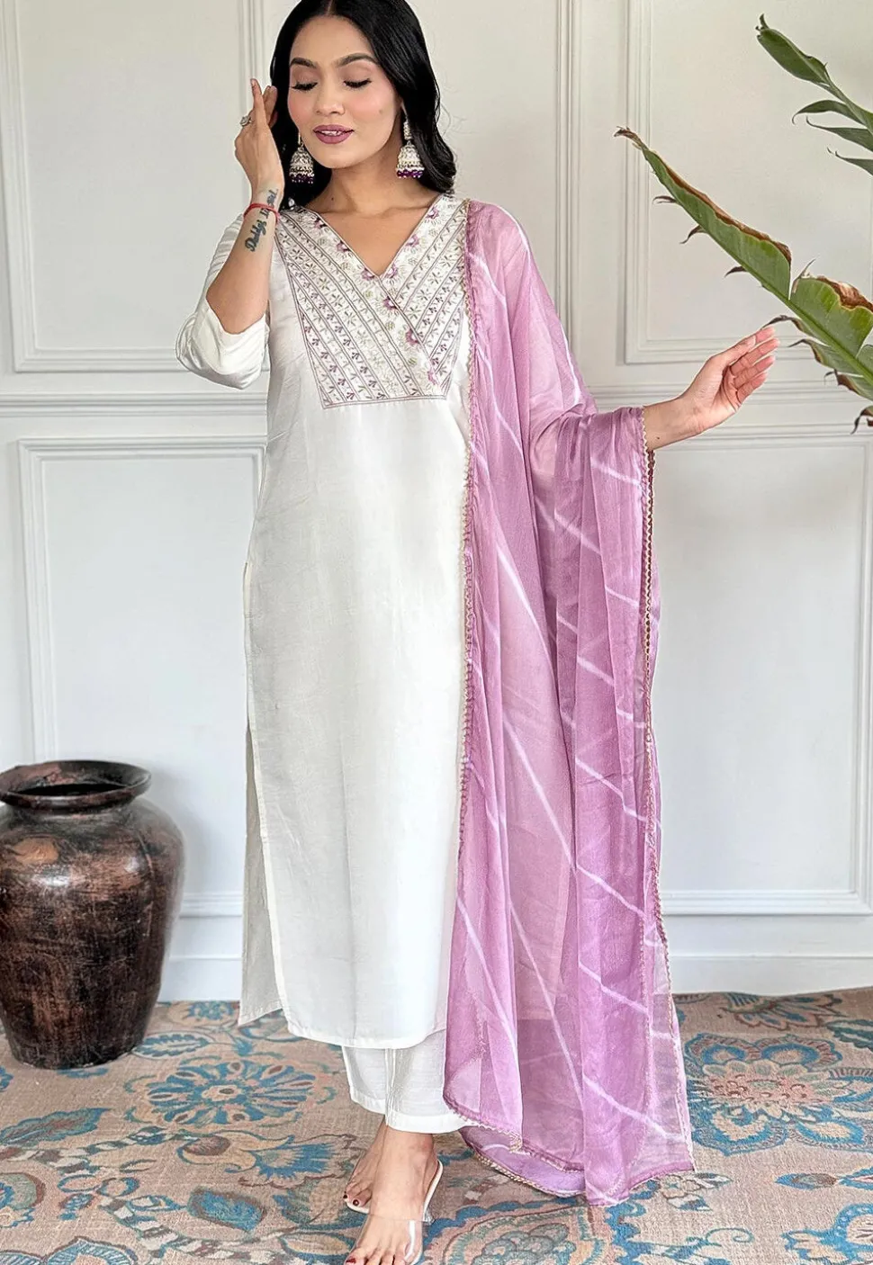 Embroidered Chanderi Silk Pakistani Suit in Off White