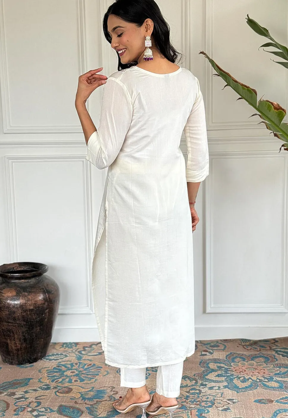 Embroidered Chanderi Silk Pakistani Suit in Off White