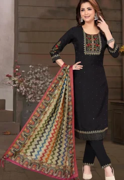 Embroidered Chanderi Silk Pakistani Suit in Black