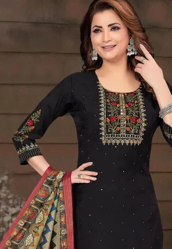 Embroidered Chanderi Silk Pakistani Suit in Black