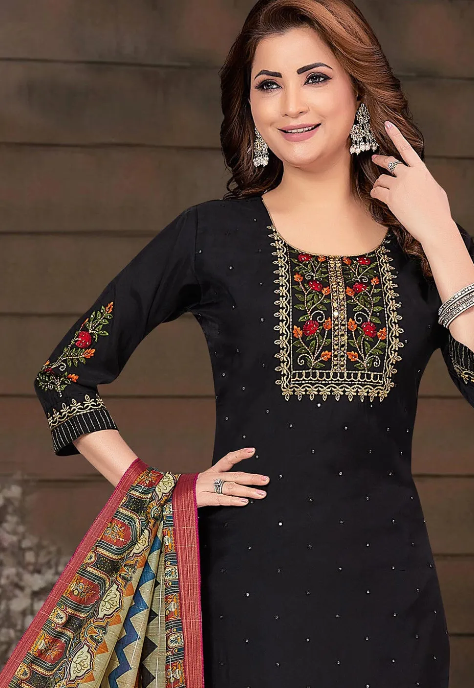 Embroidered Chanderi Silk Pakistani Suit in Black