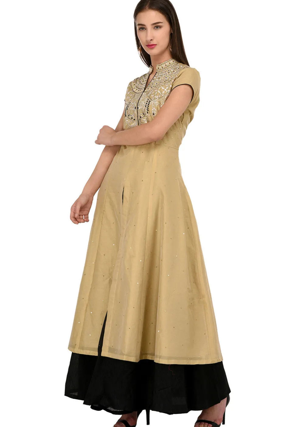 Embroidered Chanderi Silk Sharara Lehenga in Beige