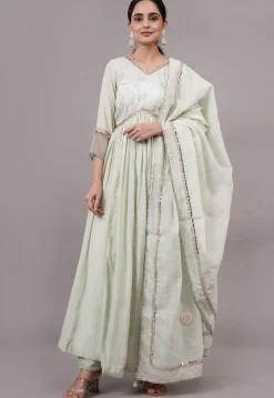 Embroidered Chanderi Silk and Art Uppada Silk Aline Suit in Sea Green