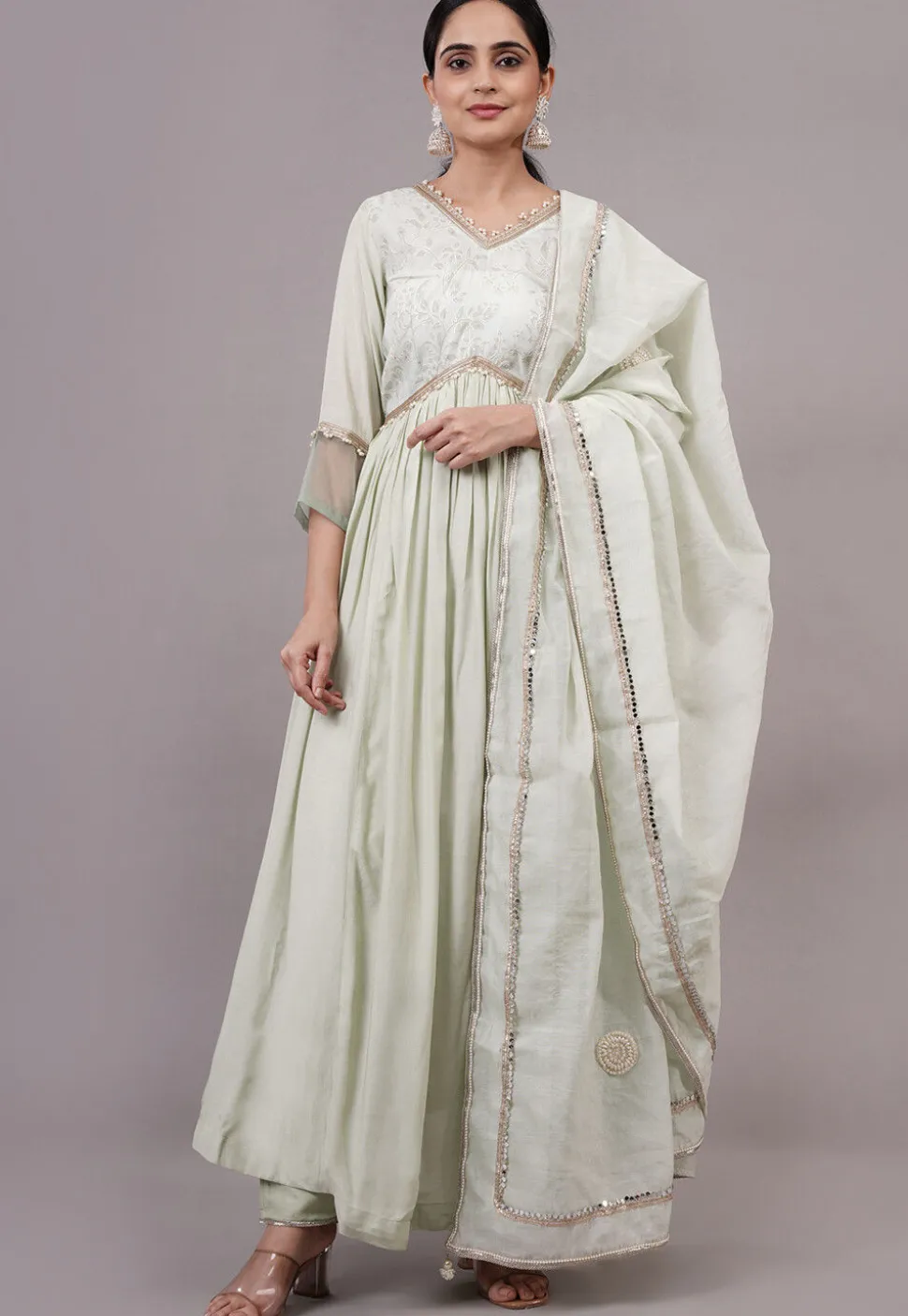 Embroidered Chanderi Silk and Art Uppada Silk Aline Suit in Sea Green