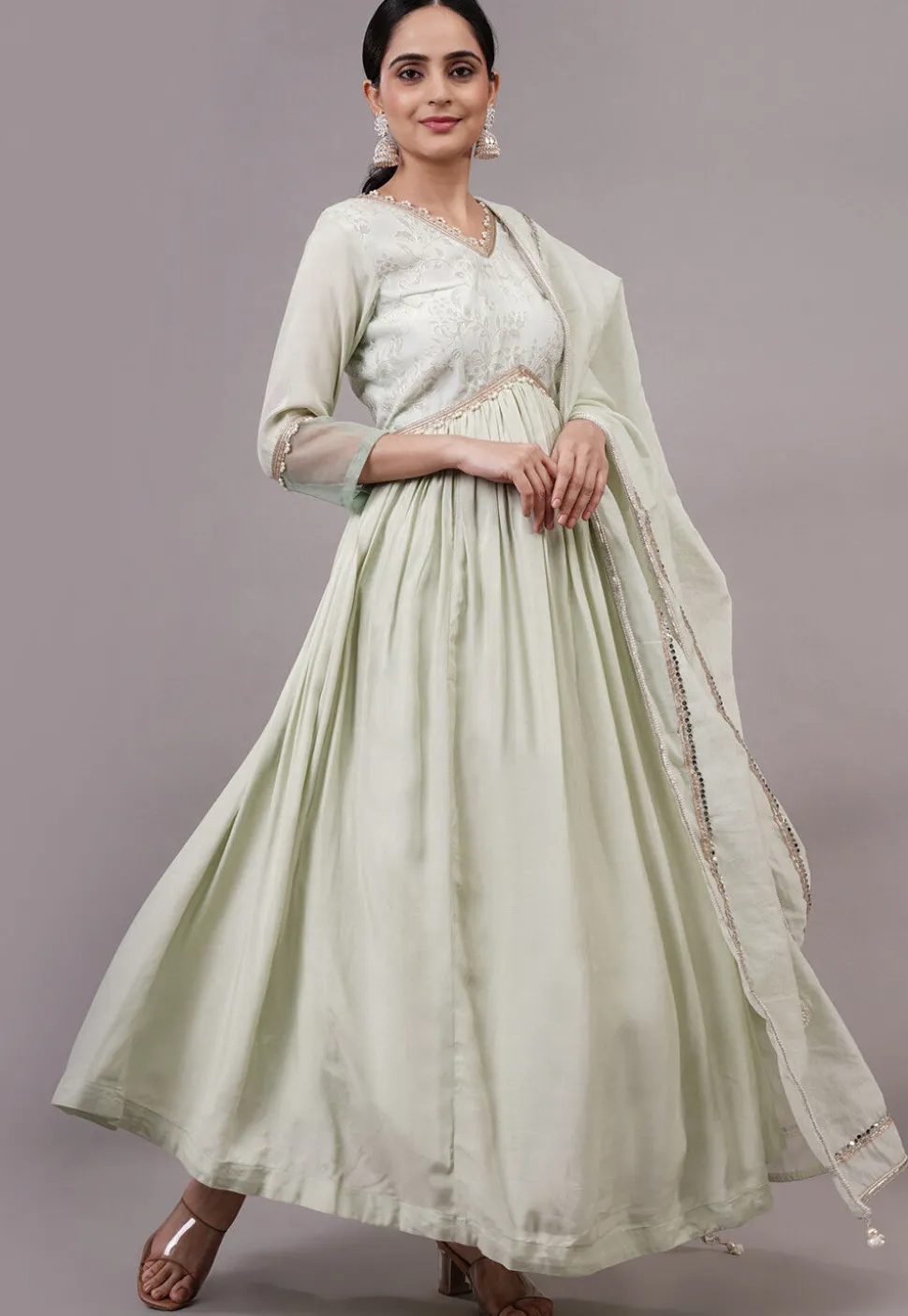 Embroidered Chanderi Silk and Art Uppada Silk Aline Suit in Sea Green
