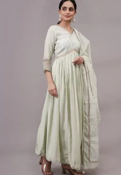 Embroidered Chanderi Silk and Art Uppada Silk Aline Suit in Sea Green