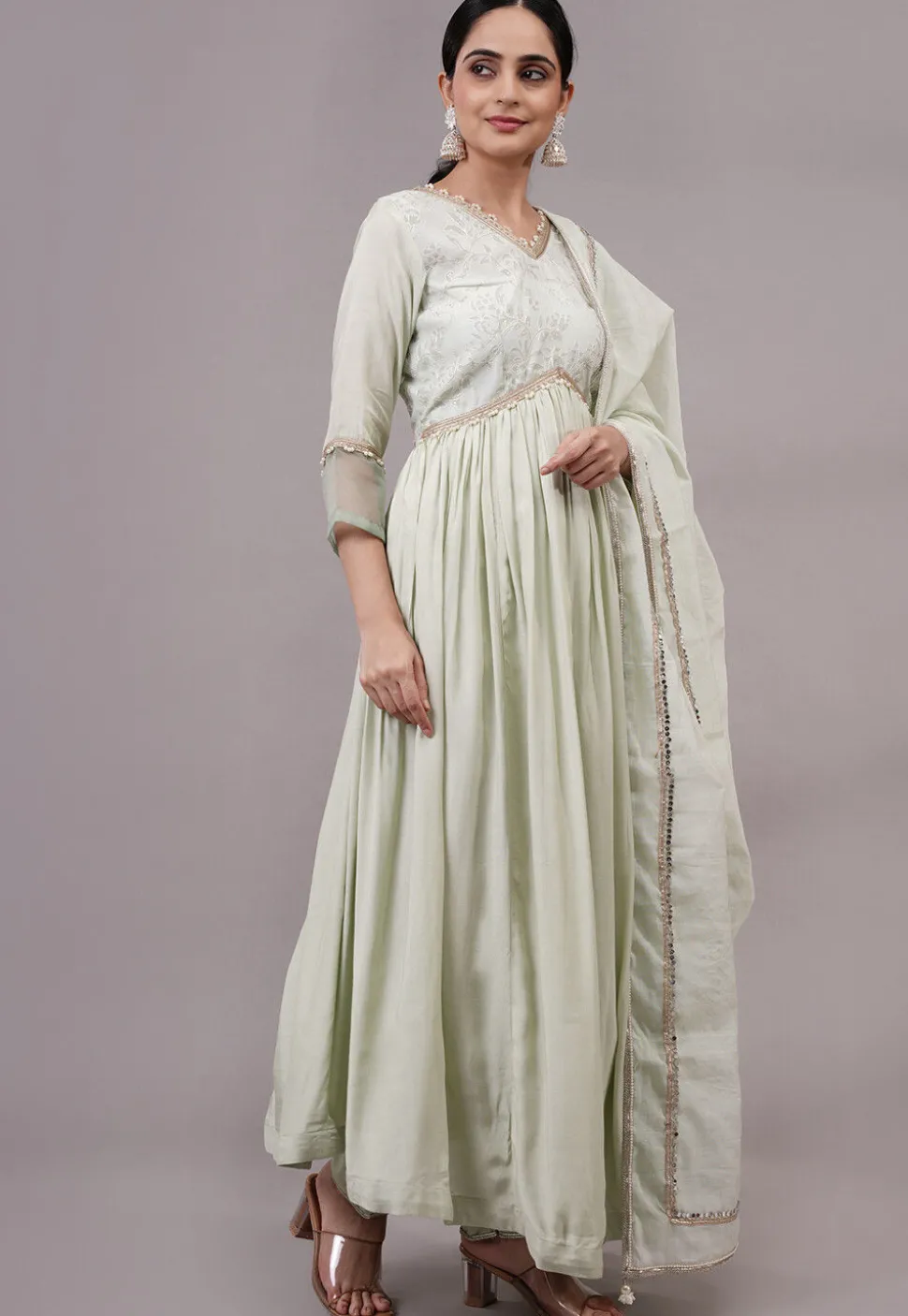 Embroidered Chanderi Silk and Art Uppada Silk Aline Suit in Sea Green