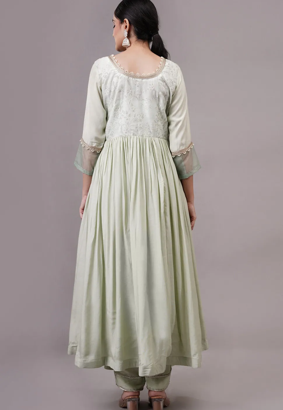 Embroidered Chanderi Silk and Art Uppada Silk Aline Suit in Sea Green