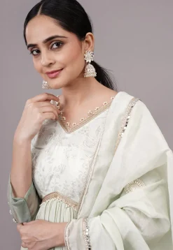 Embroidered Chanderi Silk and Art Uppada Silk Aline Suit in Sea Green