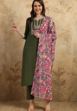 Embroidered Chanderi Silk Pakistani Suit in Dark Olive Green