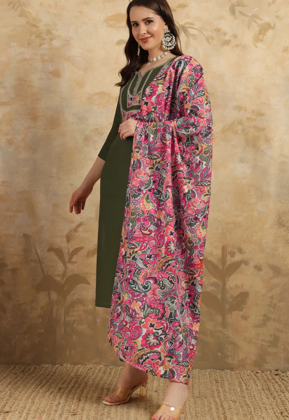 Embroidered Chanderi Silk Pakistani Suit in Dark Olive Green