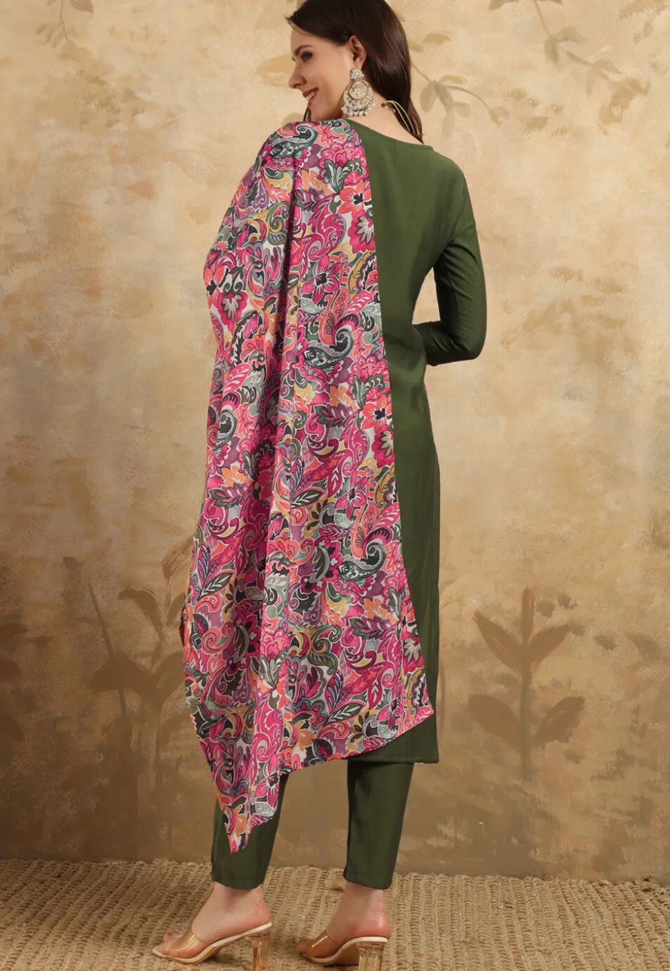 Embroidered Chanderi Silk Pakistani Suit in Dark Olive Green