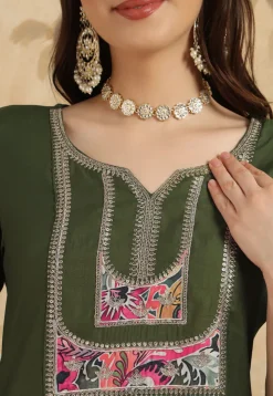 Embroidered Chanderi Silk Pakistani Suit in Dark Olive Green
